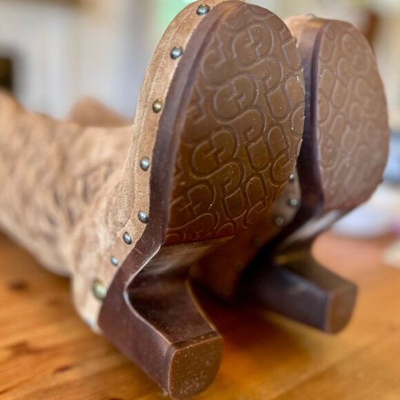 Ugg Arroyo Tall Basketweave Suede Boots Wood Heel Chestnut Size 6 - Like New! - Picture 13 of 14